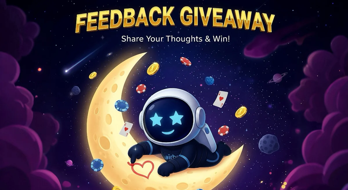 11 astronauta mascotte di airbet sulla luna con il feedback giveaway